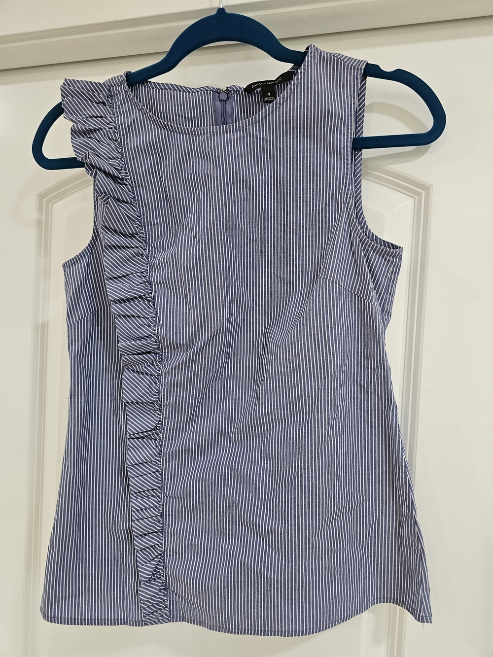 Banana Republic White and Blue Striped Sleeveless Top with Ruffle Detail Size 4